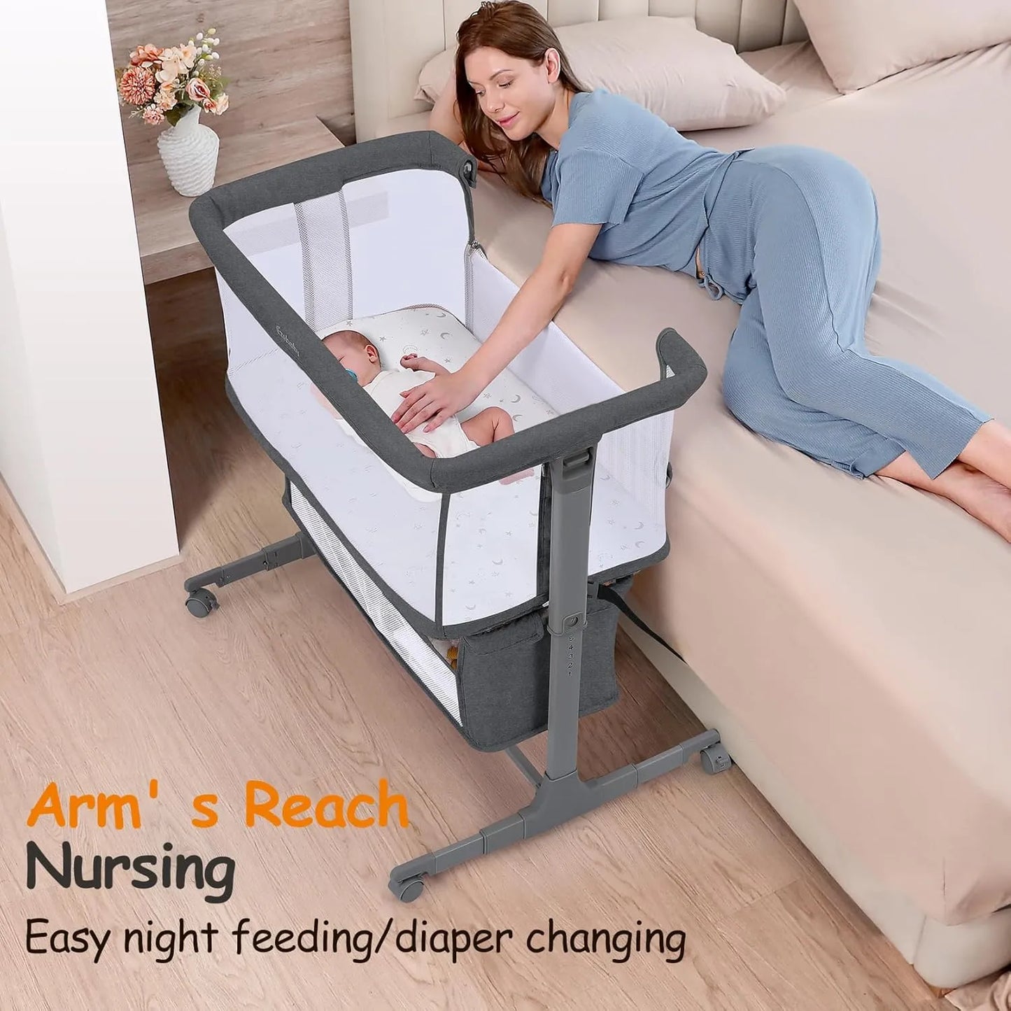 Bedside Baby Bassinet with Adjustable Height and Mobility